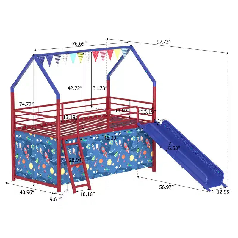Lit mezzanine double Bellemave Metal Junior House avec toboggan et rideaux, couleurs de super-héros rouge et bleu