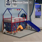 Lit mezzanine double Bellemave Metal Junior House avec toboggan et rideaux, couleurs de super-héros rouge et bleu