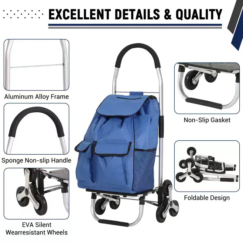 Chariot de courses pliable, diable d'escalier robuste de 80 kg, chariot à main d'escalade portable avec 6 roues, sac en tissu Oxford de 36L