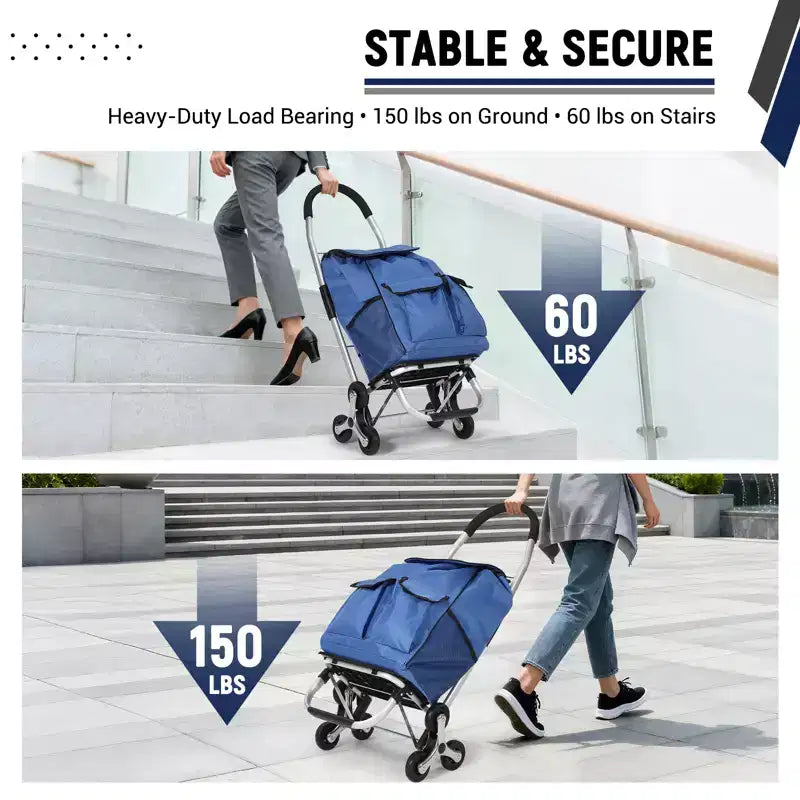 Chariot de courses pliable, diable d'escalier robuste de 80 kg, chariot à main d'escalade portable avec 6 roues, sac en tissu Oxford de 36L