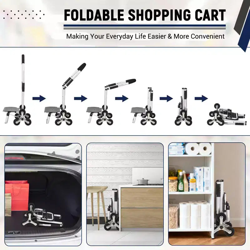 Chariot de courses pliable, diable d'escalier robuste de 80 kg, chariot à main d'escalade portable avec 6 roues, sac en tissu Oxford de 36L