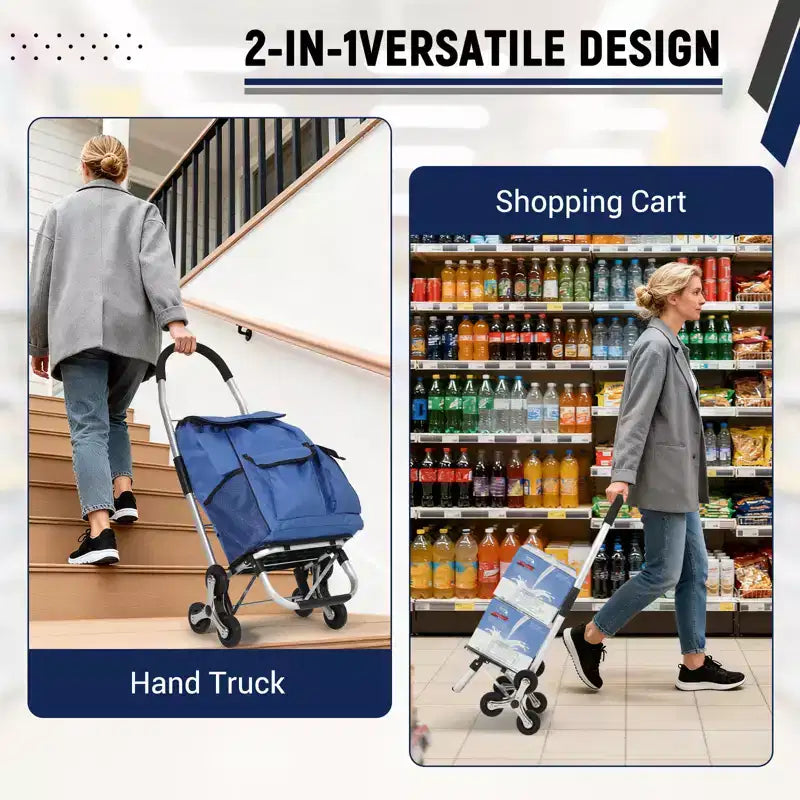 Chariot de courses pliable, diable d'escalier robuste de 80 kg, chariot à main d'escalade portable avec 6 roues, sac en tissu Oxford de 36L