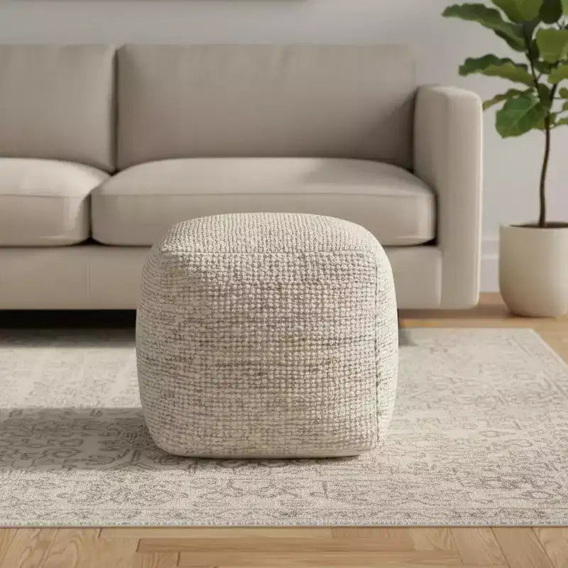HomeRoots 18 Pouf ottoman rayé en coton, laine et jute ivoire