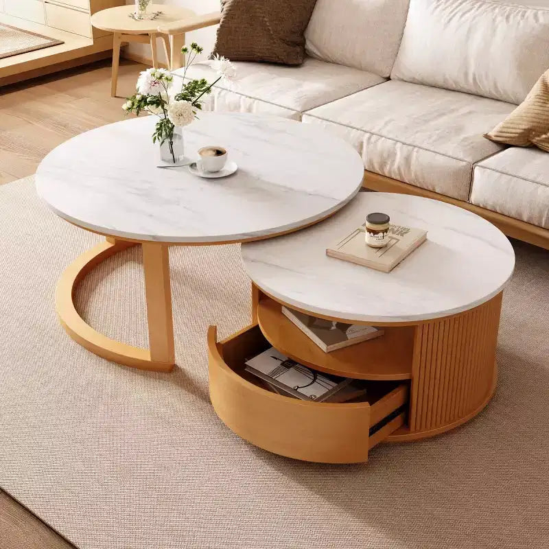 29.5 Modern Nesting Coffee Table with Storage and Marble-Pattern Top, 2-Tier Center Table for Living Rooms or Apartments - Panipeachy