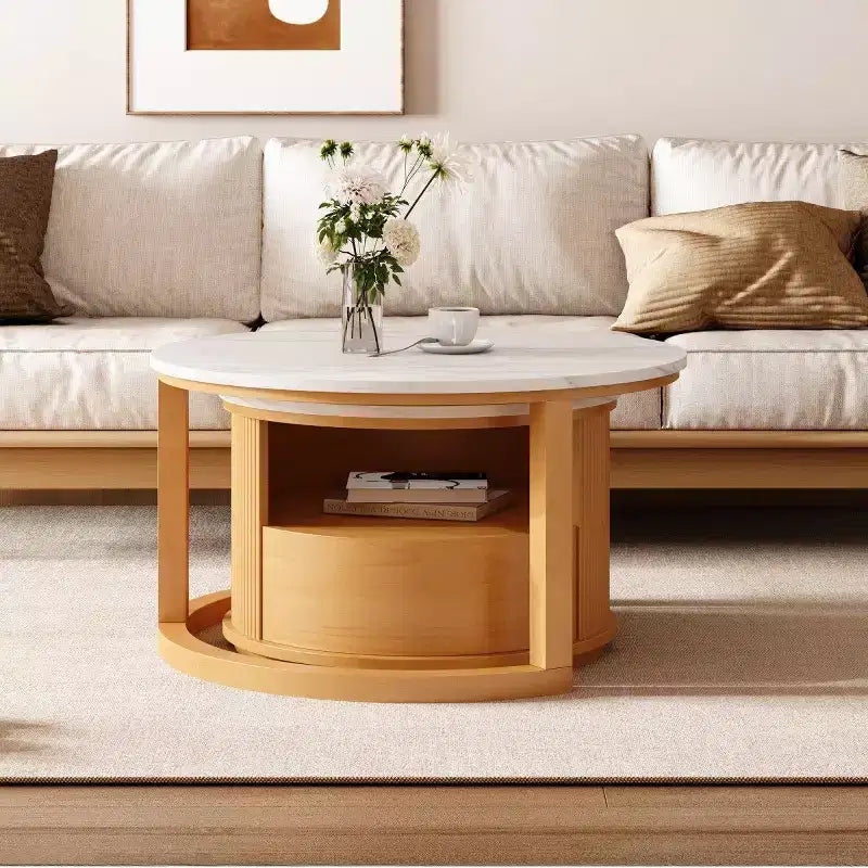 29.5 Table basse moderne gigogne avec rangement et plateau aspect marbre, table de salon à 2 niveaux pour salon ou appartement - Panipeachy