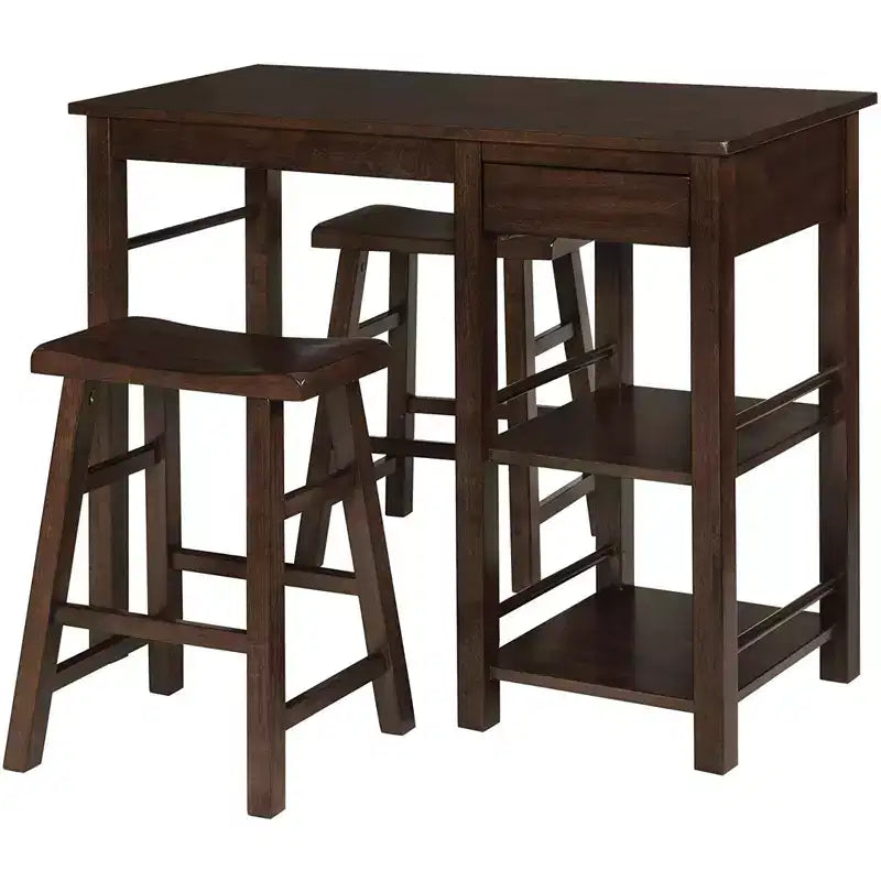 eHemco Counter Height Saving Space Dining Set Breakfast Table with Drawer and Storage Shelves and 2 Saddle Seat Barstools, Walnut, 3 Pieces