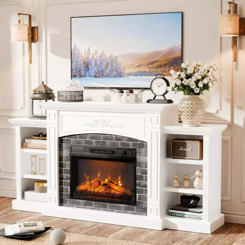 Meuble TV cheminée blanc pour téléviseur jusqu'à 90 pouces avec cheminée de 23 pouces style western