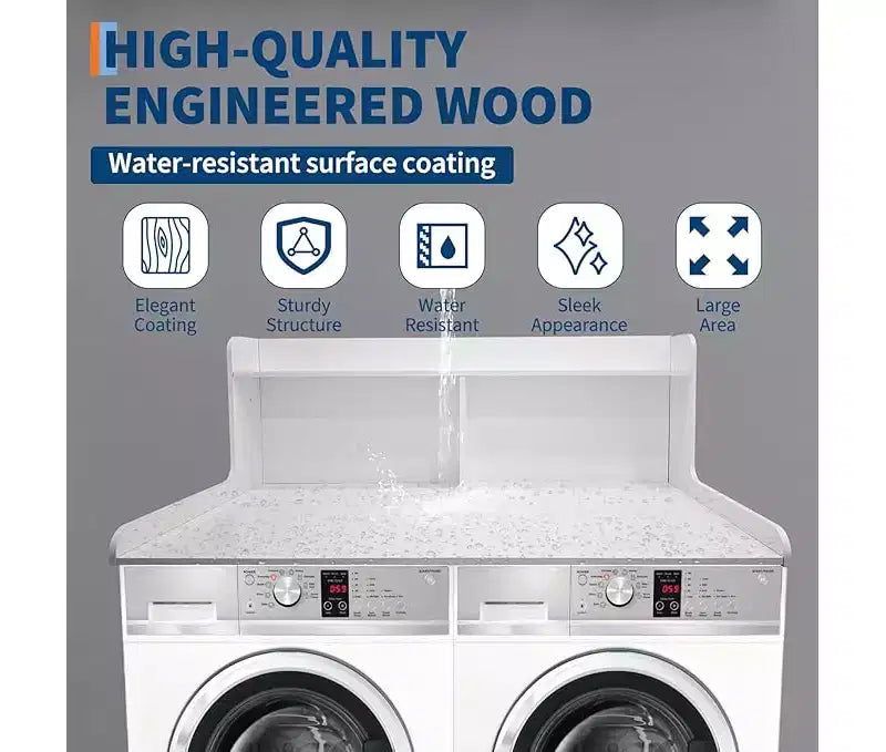1 étagère haute en MDF pour machine à laver, 3 niveaux avec rails de bord pour plan de travail de lave-linge séche-linge, pour plier les vêtements, rehausseur de lave-linge et séche-linge avec patin antidérapant