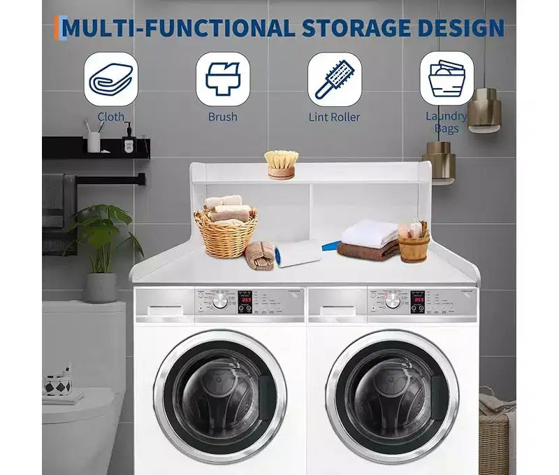 1 étagère haute en MDF pour machine à laver, 3 niveaux avec rails de bord pour plan de travail de lave-linge séche-linge, pour plier les vêtements, rehausseur de lave-linge et séche-linge avec patin antidérapant