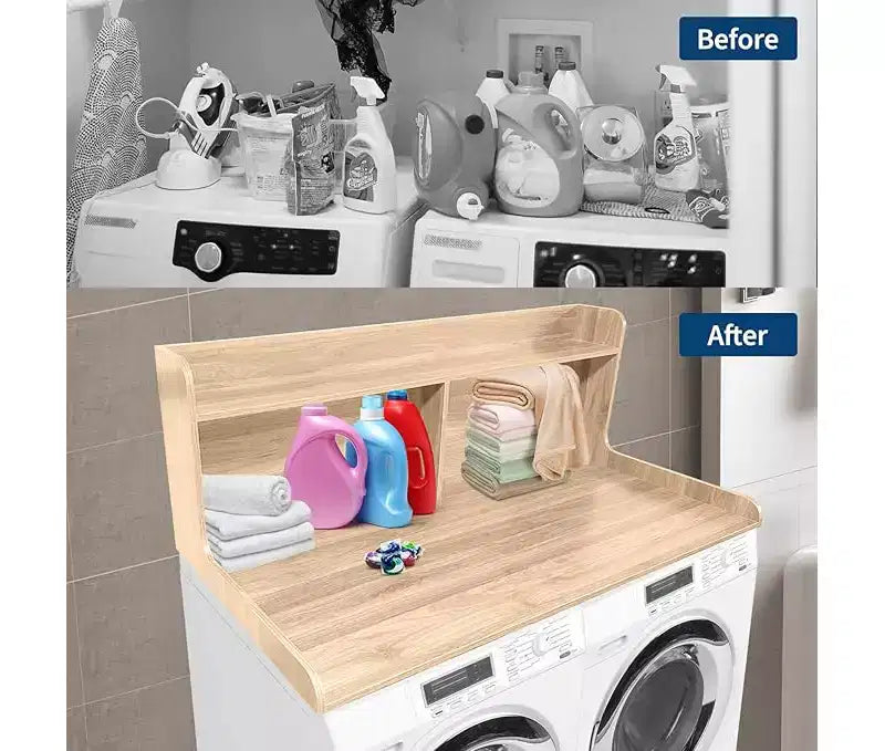 1 étagère haute en MDF pour machine à laver, 3 niveaux avec rails de bord pour plan de travail de lave-linge séche-linge, pour plier les vêtements, rehausseur de lave-linge et séche-linge avec patin antidérapant