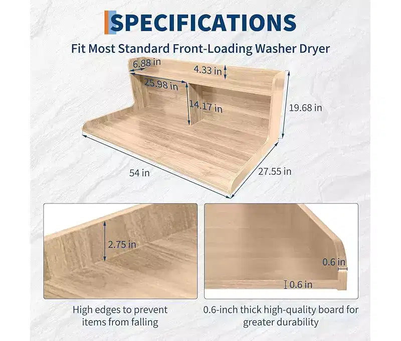 1 étagère haute en MDF pour machine à laver, 3 niveaux avec rails de bord pour plan de travail de lave-linge séche-linge, pour plier les vêtements, rehausseur de lave-linge et séche-linge avec patin antidérapant