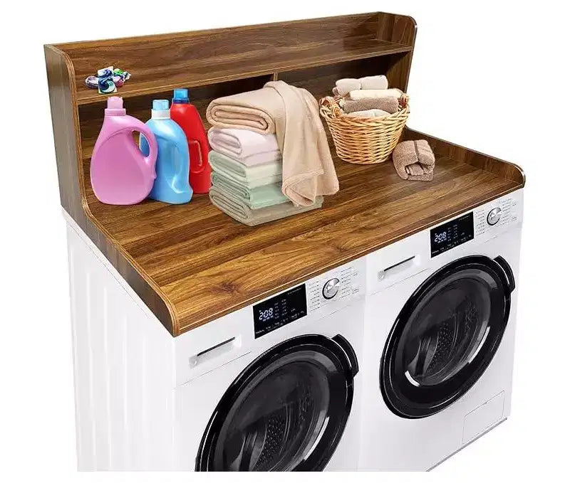 1 étagère haute en MDF pour machine à laver, 3 niveaux avec rails de bord pour plan de travail de lave-linge séche-linge, pour plier les vêtements, rehausseur de lave-linge et séche-linge avec patin antidérapant