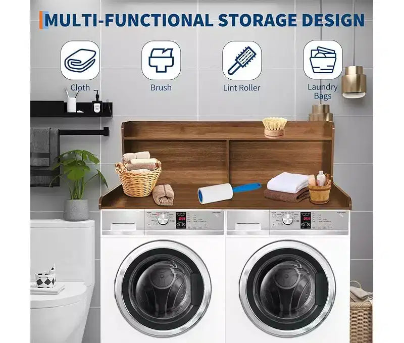 1 étagère haute en MDF pour machine à laver, 3 niveaux avec rails de bord pour plan de travail de lave-linge séche-linge, pour plier les vêtements, rehausseur de lave-linge et séche-linge avec patin antidérapant