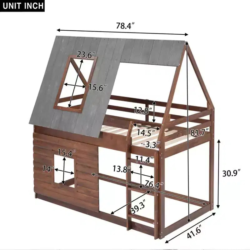 Lit superposé Bellemave Twin House avec toit et échelle, cadre de lit superposé en bois massif avec 2 fenêtres pour enfants, chêne et gris fumé