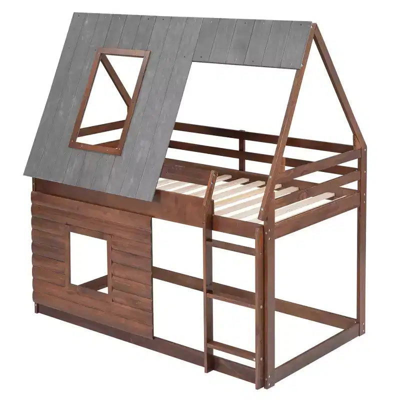 Lit superposé Bellemave Twin House avec toit et échelle, cadre de lit superposé en bois massif avec 2 fenêtres pour enfants, chêne et gris fumé