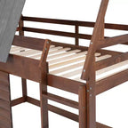 Lit superposé Bellemave Twin House avec toit et échelle, cadre de lit superposé en bois massif avec 2 fenêtres pour enfants, chêne et gris fumé