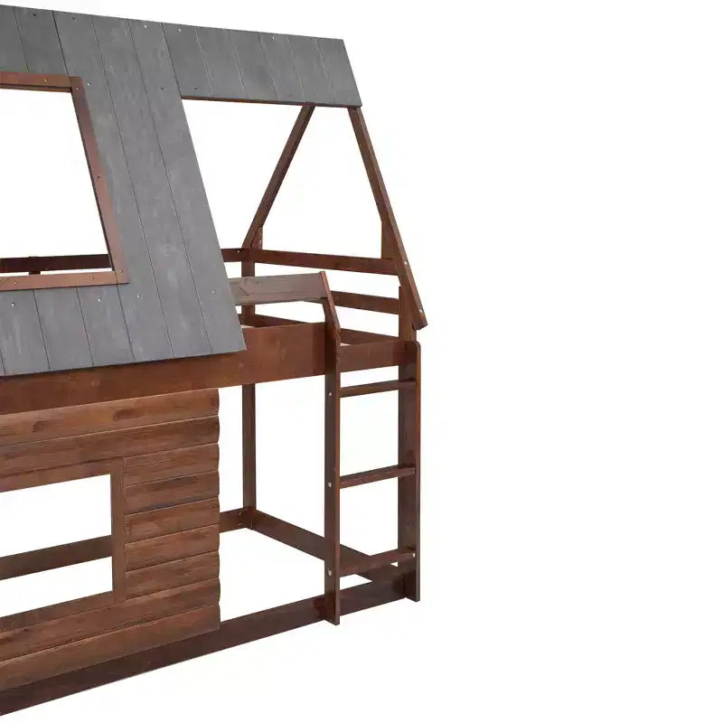 Lit superposé Bellemave Twin House avec toit et échelle, cadre de lit superposé en bois massif avec 2 fenêtres pour enfants, chêne et gris fumé