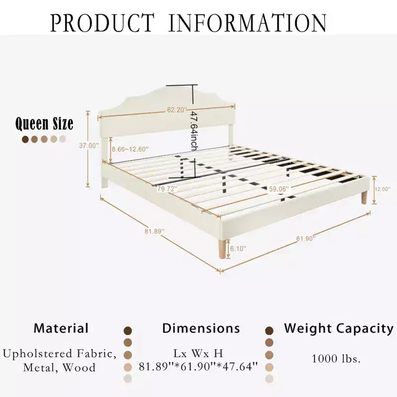 Lit plateforme rembourré Bellemave Queen avec tête de lit réglable et tissu en lin rembourré, cadre de lit plateforme rembourré pour chambre à coucher, beige