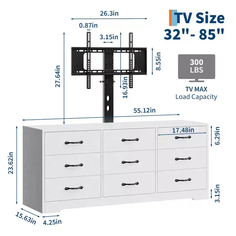 Meuble TV en bois à 9 tiroirs avec support, meuble TV pour téléviseurs de 32 à 85 pouces, grand meuble de divertissement