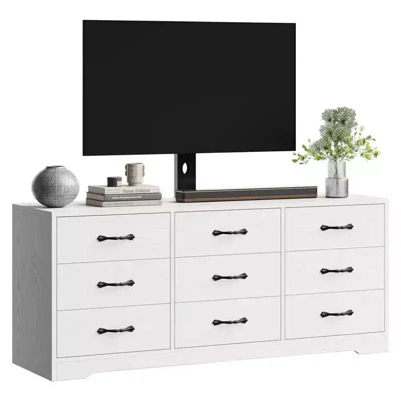 Meuble TV en bois à 9 tiroirs avec support, meuble TV pour téléviseurs de 32 à 85 pouces, grand meuble de divertissement