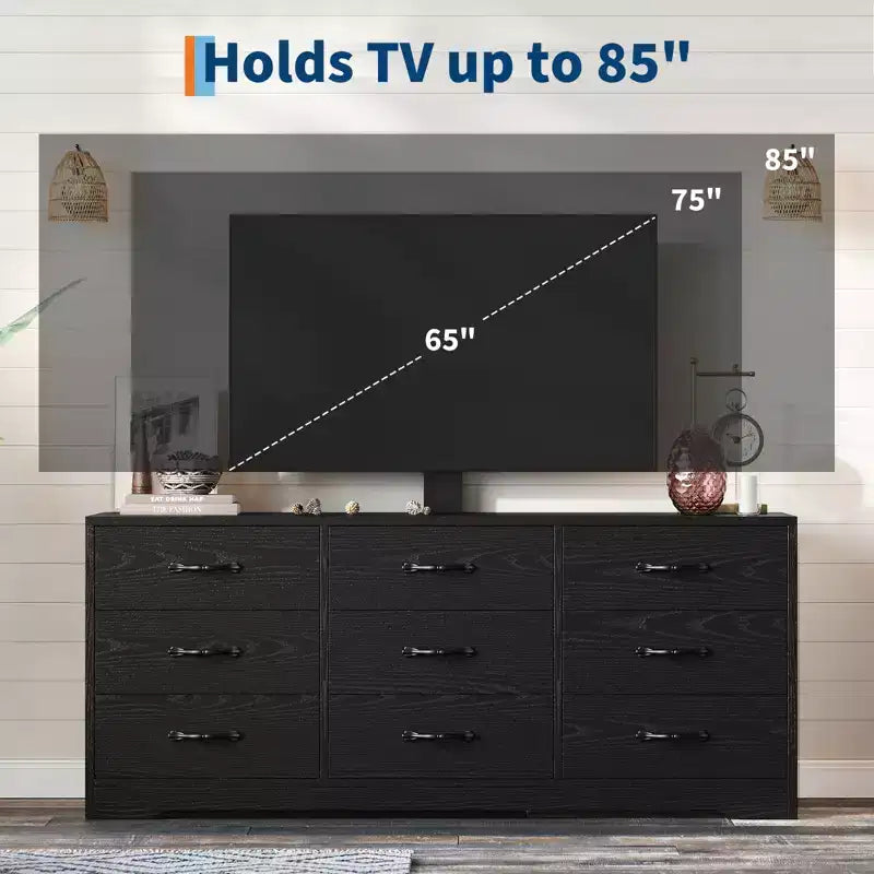 Meuble TV en bois à 9 tiroirs avec support, meuble TV pour téléviseurs de 32 à 85 pouces, grand meuble de divertissement