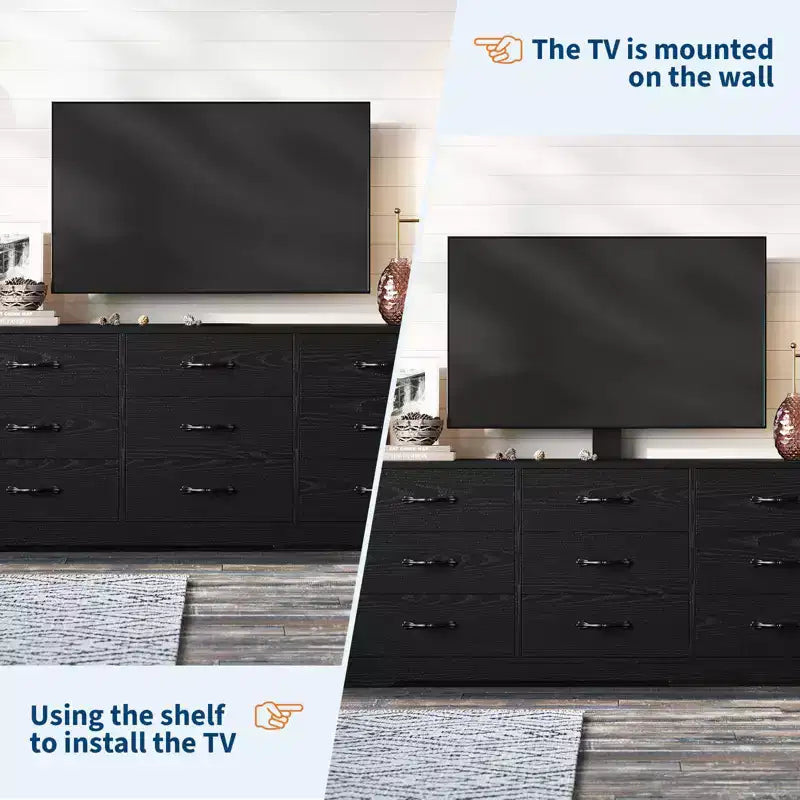 Meuble TV en bois à 9 tiroirs avec support, meuble TV pour téléviseurs de 32 à 85 pouces, grand meuble de divertissement
