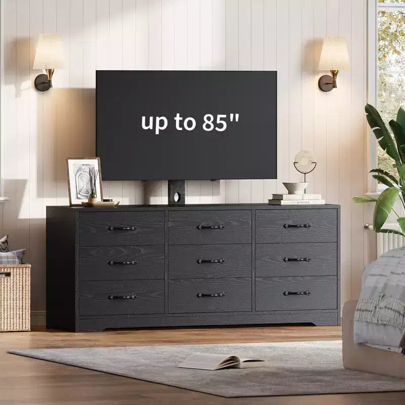 Meuble TV en bois à 9 tiroirs avec support, meuble TV pour téléviseurs de 32 à 85 pouces, grand meuble de divertissement