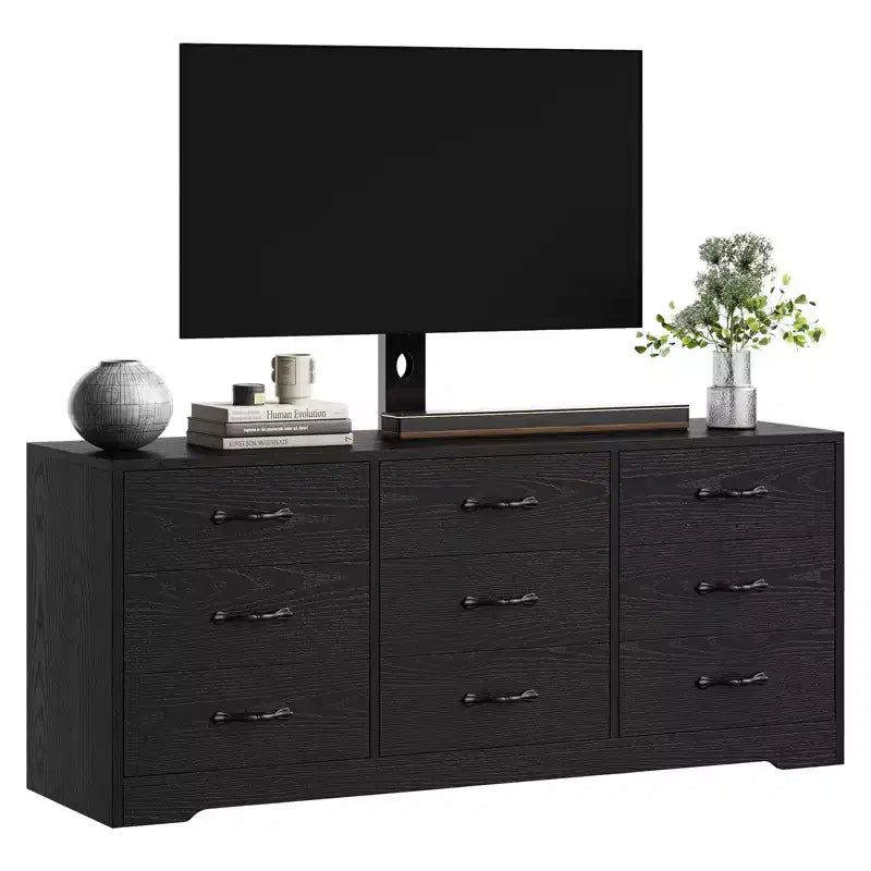 Meuble TV en bois à 9 tiroirs avec support, meuble TV pour téléviseurs de 32 à 85 pouces, grand meuble de divertissement