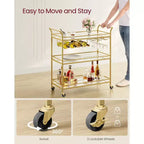 Chariot de bar à 3 niveaux doré avec étagères miroir, chariot de service avec 4 porte-bouteilles de vin et 3 porte-verres, roues verrouillables pour cuisine salon, doré