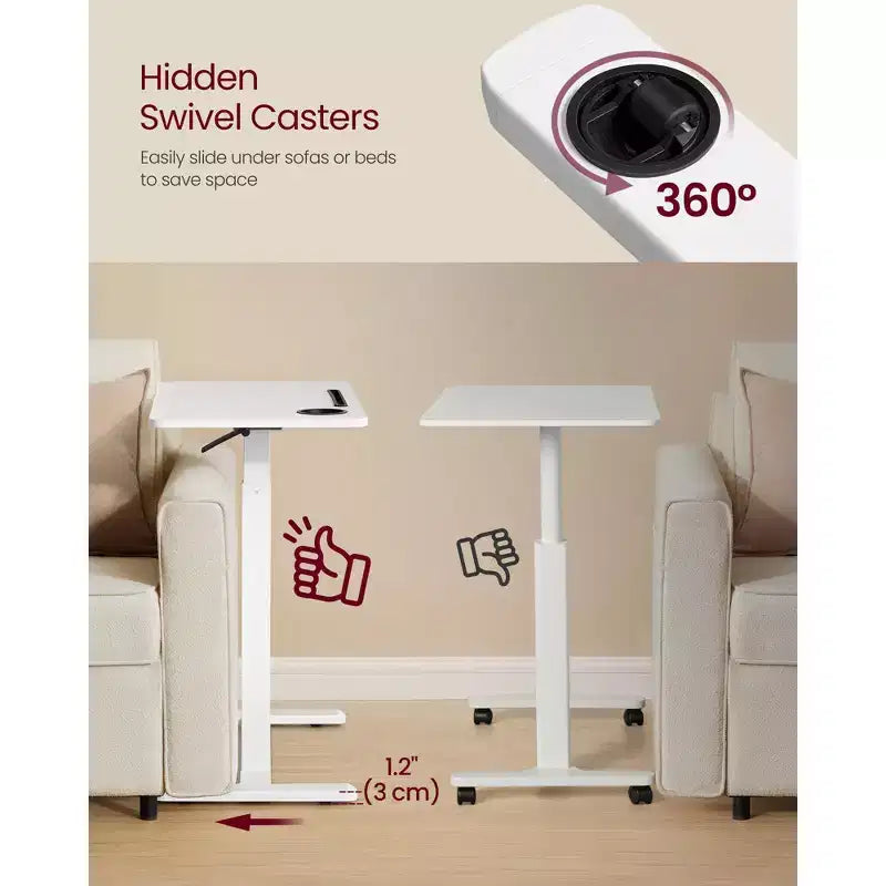 Bureau Debout Mobile, Table à Hauteur Réglable de 70 cm avec 2 Porte-Gobelets et Fente pour Tablette, Bureau d'Ordinateur Roulant pour Chambre et Salon, Blanc Nuage