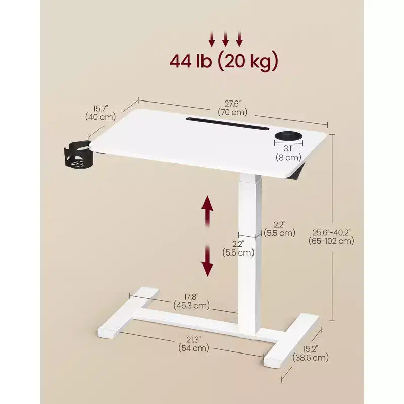 Bureau Debout Mobile, Table à Hauteur Réglable de 70 cm avec 2 Porte-Gobelets et Fente pour Tablette, Bureau d'Ordinateur Roulant pour Chambre et Salon, Blanc Nuage