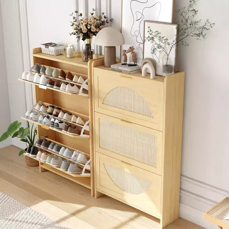 Meuble à Chaussures en Rotin avec 3 Tiroirs Basculants, Armoire de Rangement à Chaussures en Bois Autonome