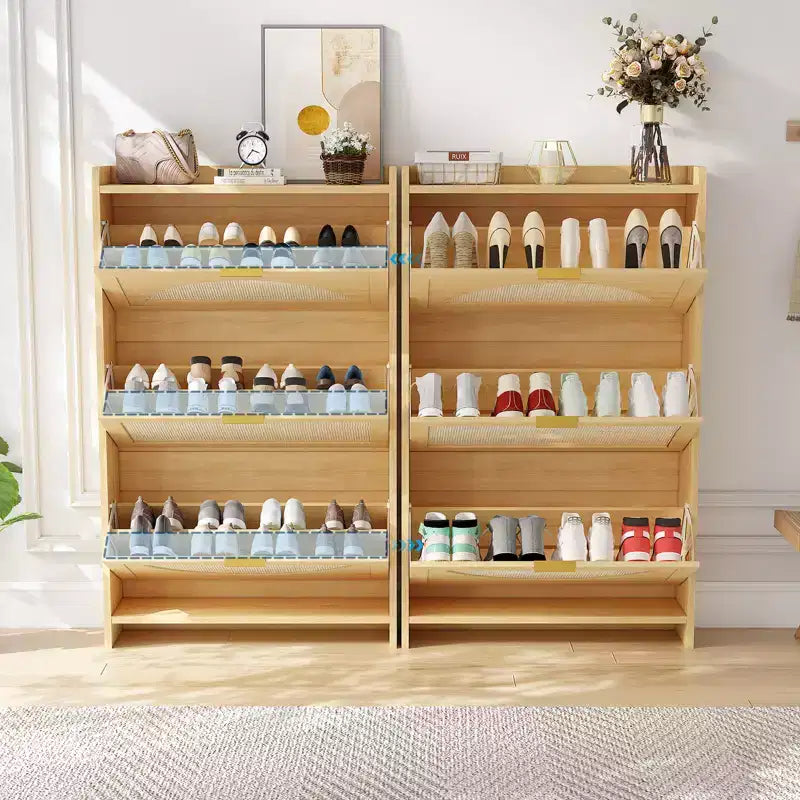 Meuble à Chaussures en Rotin avec 3 Tiroirs Basculants, Armoire de Rangement à Chaussures en Bois Autonome