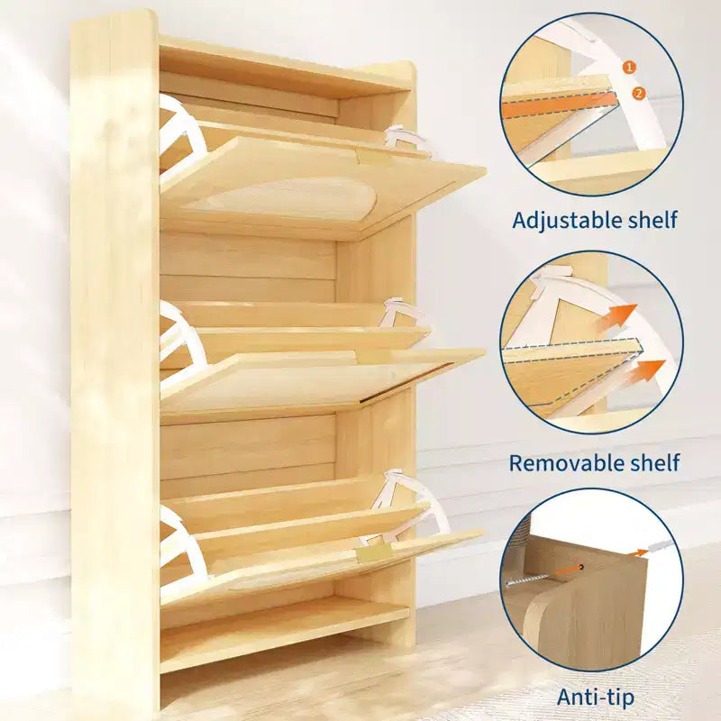 Meuble à Chaussures en Rotin avec 3 Tiroirs Basculants, Armoire de Rangement à Chaussures en Bois Autonome