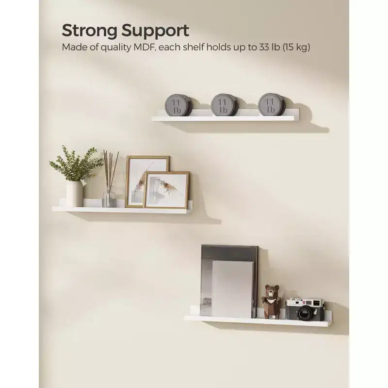 Lot de 3 étagères flottantes, étagères murales de 60 cm de large avec une capacité de 10 kg chacune et un bord antidérapant, pour salon, cuisine, salle de bain, blanc