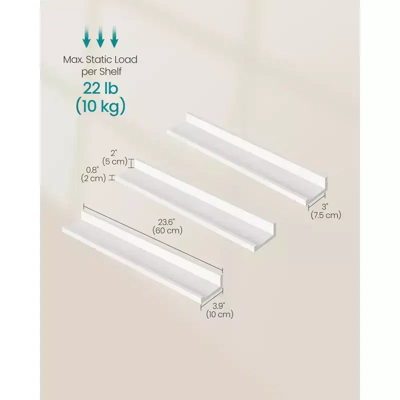 Lot de 3 étagères flottantes, étagères murales de 60 cm de large avec une capacité de 10 kg chacune et un bord antidérapant, pour salon, cuisine, salle de bain, blanc