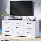 Meuble TV en bois avec support pour téléviseurs jusqu'à 85 pouces, centre de divertissement avec 9 tiroirs, console média à hauteur réglable