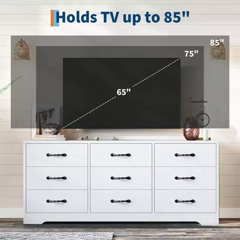 Meuble TV en bois avec support pour téléviseurs jusqu'à 85 pouces, centre de divertissement avec 9 tiroirs, console média à hauteur réglable