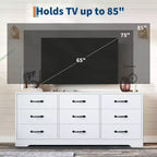 Meuble TV en bois avec support pour téléviseurs jusqu'à 85 pouces, centre de divertissement avec 9 tiroirs, console média à hauteur réglable