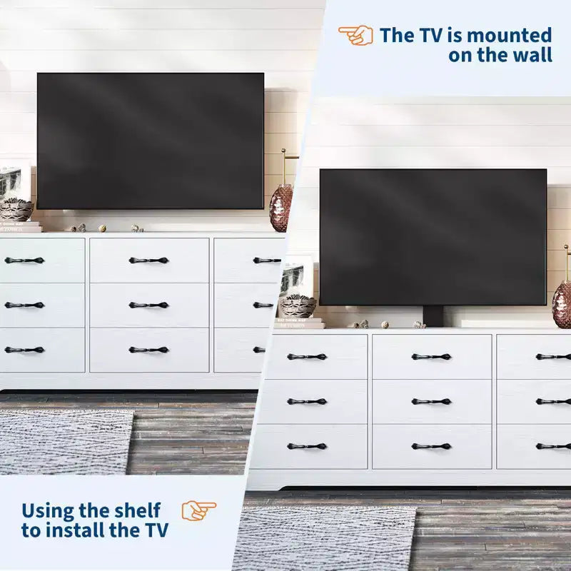 Meuble TV en bois avec support pour téléviseurs jusqu'à 85 pouces, centre de divertissement avec 9 tiroirs, console média à hauteur réglable