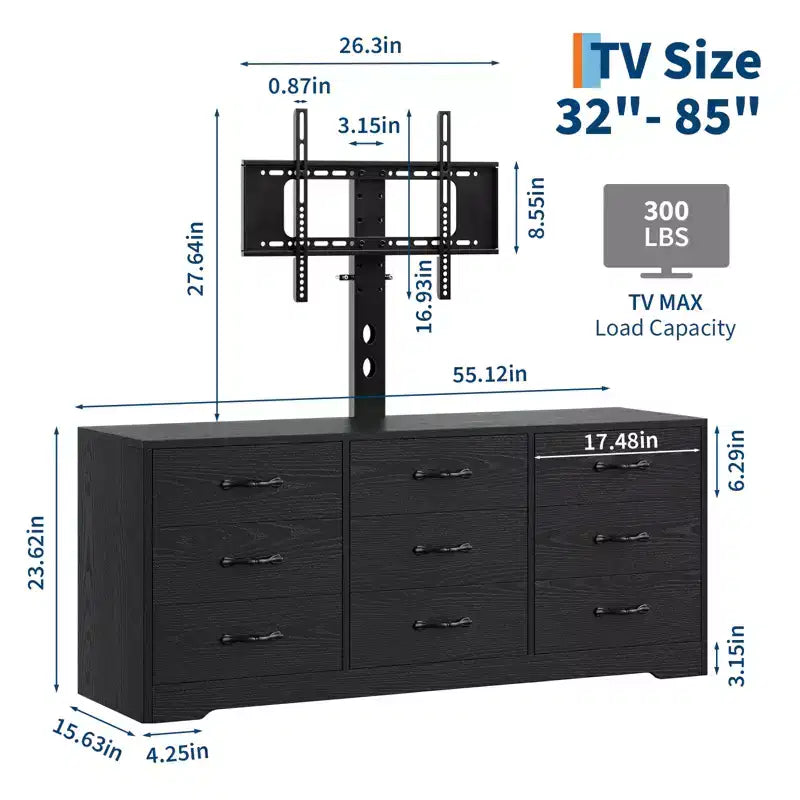 Meuble TV en bois avec support pour téléviseurs jusqu'à 85 pouces, centre de divertissement avec 9 tiroirs, console média à hauteur réglable