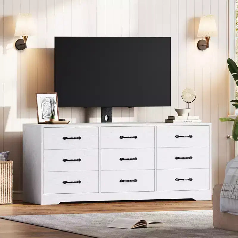 Meuble TV en bois avec support pour téléviseurs jusqu'à 85 pouces, centre de divertissement avec 9 tiroirs, console média à hauteur réglable