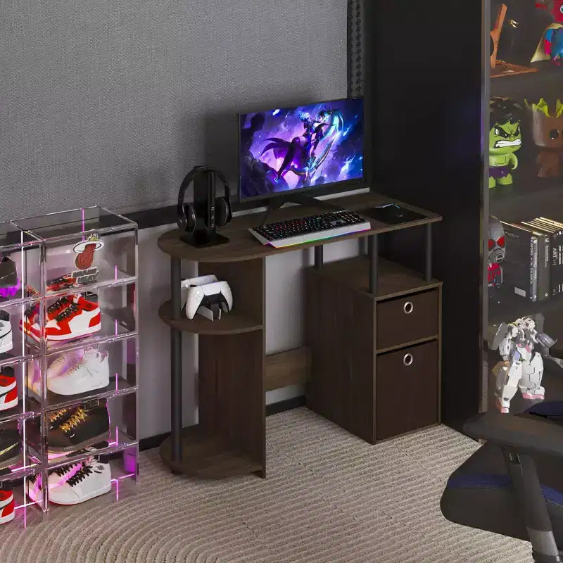 HOMLUX Bureau Informatique Simple avec Étagère Latérale et 2 Bacs de Rangement
