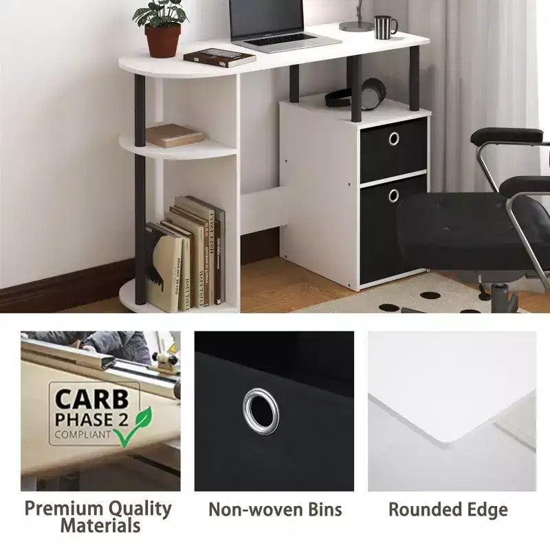 HOMLUX Bureau Informatique Simple avec Étagère Latérale et 2 Bacs de Rangement