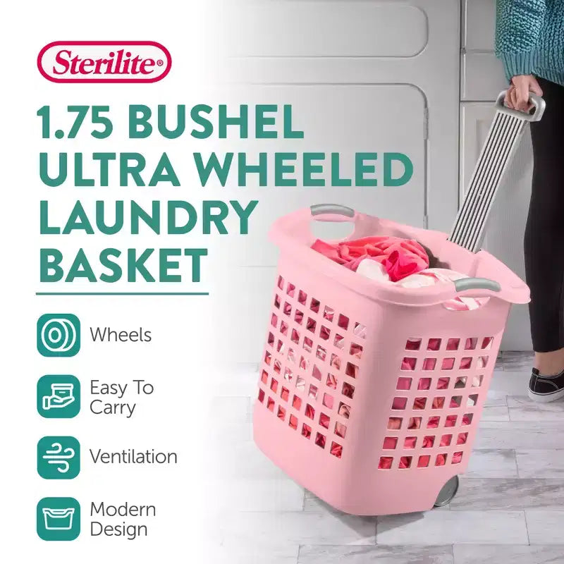 Lot de 4 paniers à linge à roulettes Sterilite Ultra, 60 litres, avec poignées, rose