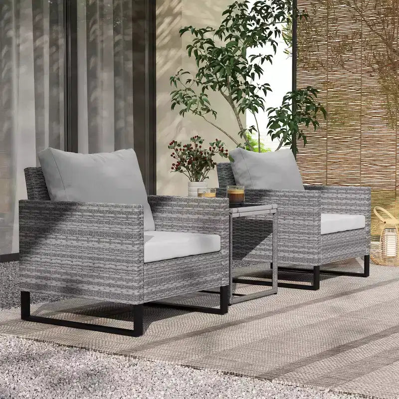Ensemble de mobilier de jardin 3 pièces, salon de bistrot en osier avec coussins, chaises en rotin, table basse en verre pour jardin, véranda, balcon