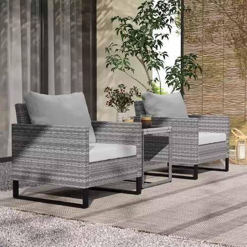 Ensemble de mobilier de jardin 3 pièces, salon de bistrot en osier avec coussins, chaises en rotin, table basse en verre pour jardin, véranda, balcon