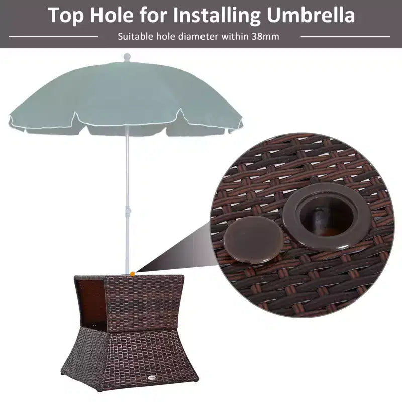 Table d'appoint d'extérieur avec trou pour parasol, table d'appoint en rotin à 2 niveaux avec étagère de rangement, tout temps pour l'extérieur, le patio, le jardin.