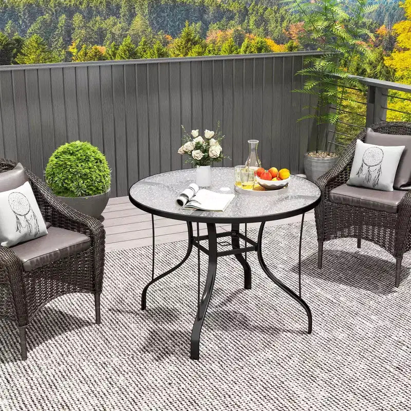Table de patio ronde de 38 po avec trou pour parasol, table à manger d'extérieur en verre trempé