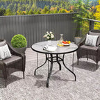 Table de patio ronde de 38 po avec trou pour parasol, table à manger d'extérieur en verre trempé